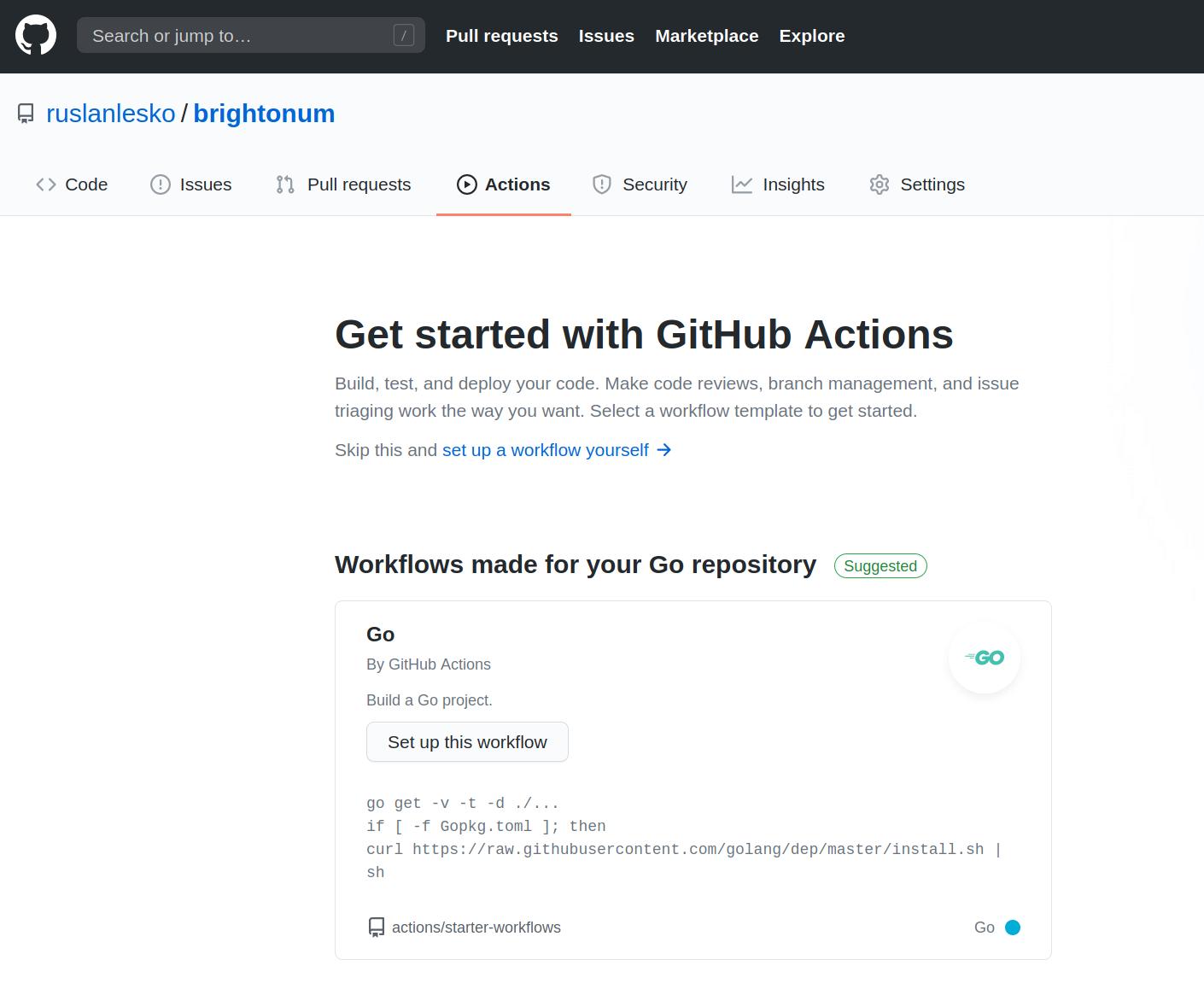 Initial page of GitHub Actions